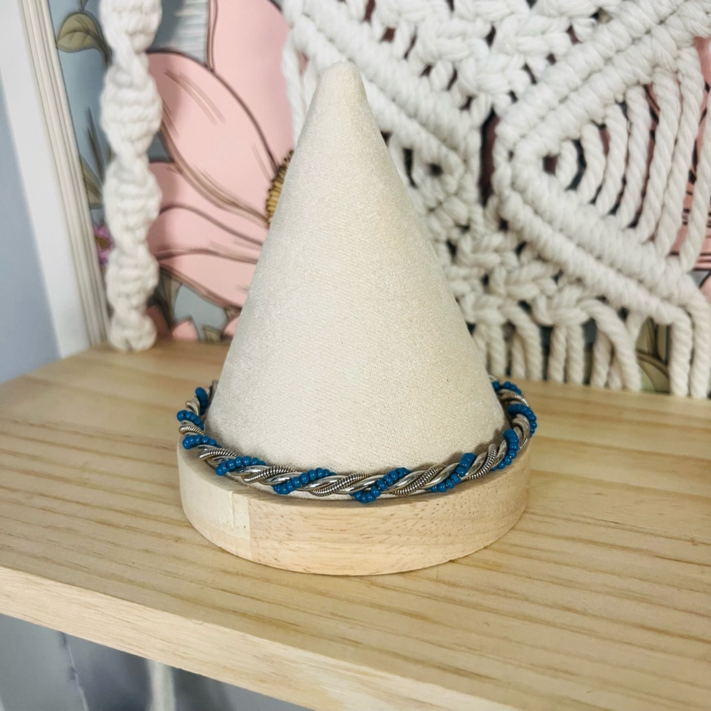 Vintage Rope Bracelet Silver Toned‎ Metal with Blue Beads Bangle Boho 1970s